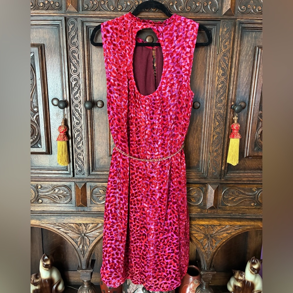 🌹Hale Bob Red & Fuchsia velvet burnout dress|Leopard print with gold chain|M✨ - Picture 3 of 8
